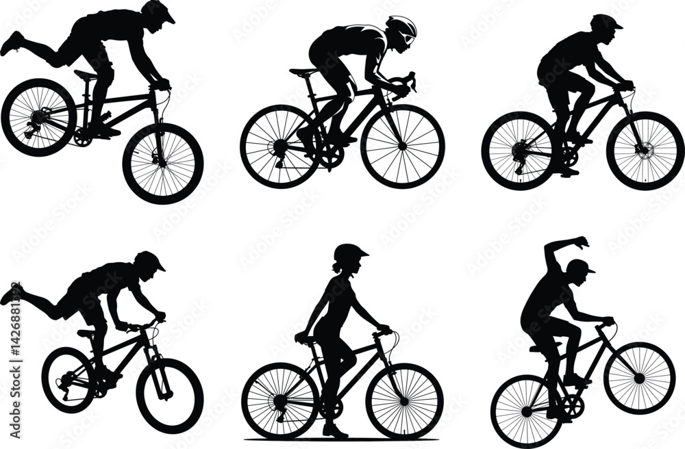 Obraz premium Cycling Man Silhouette Vector Illustration Bundle Design. Cyclist, Mountain Biking Graphic, Sports Vector Illustration, Bicycle Rider, Mountain Biker, BMX Rider, Woman Cycling, Sports Bike, Outdoor.