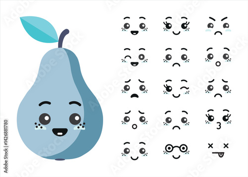 Cute pear character with different emoji faces – vector set. 