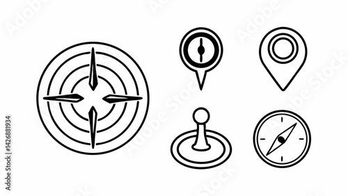 Collection of navigation icons including compasses and location markers in black and white outline style created with generated ai