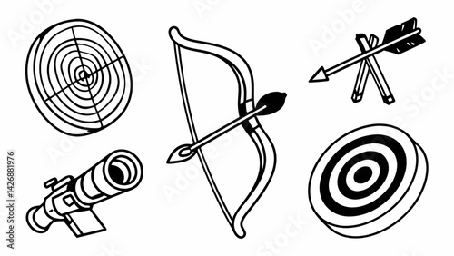Illustration of archery equipment including bow and arrow targets and a telescope in black and white created with generated ai