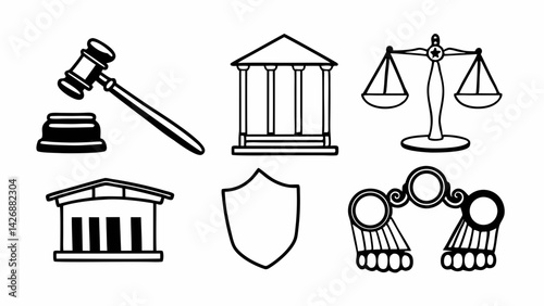 Illustration showing law and justice related icons including scales and gavel and courthouse images created with generated ai