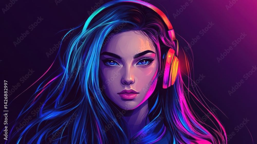 Fototapeta premium A stunning gamer-style girl with long hair styled in a ponytail, exuding a vibrant and energetic presence.