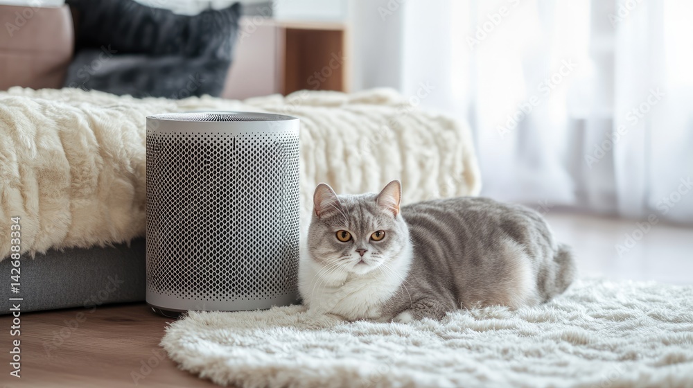 Cat curiously sniffing sleek air purifier placed beside pet bed in stylish home.