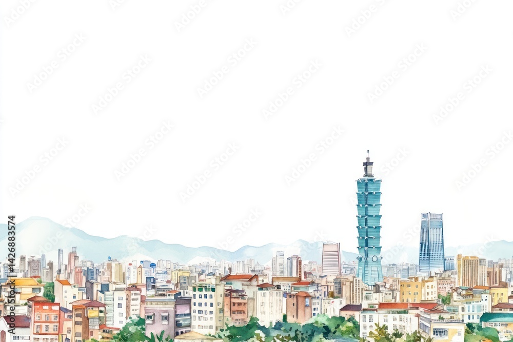 Naklejka premium Taipei city architecture watercolor cityscape.