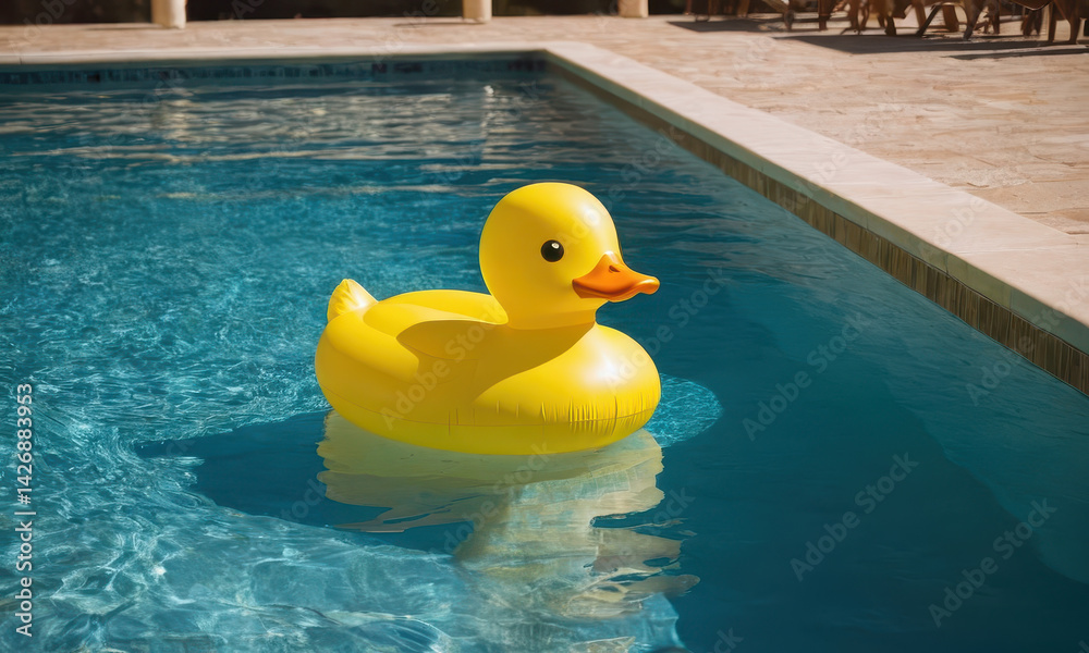A bright yellow rubber duck floating on the surface of a pool, ready for a fun day in the sun