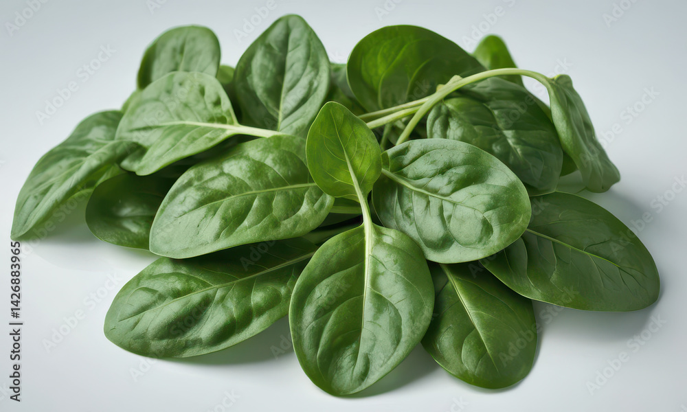 A bunch of fresh spinach leaves on a clean white surface, ideal for food or wellness concepts