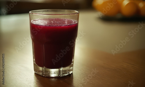 Obraz na płótnie Glass of juice with oranges in the background, perfect for a healthy snack or breakfast w salonie