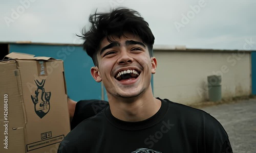 Laughing Smiling young man outside near a cardboard box with an open mouth