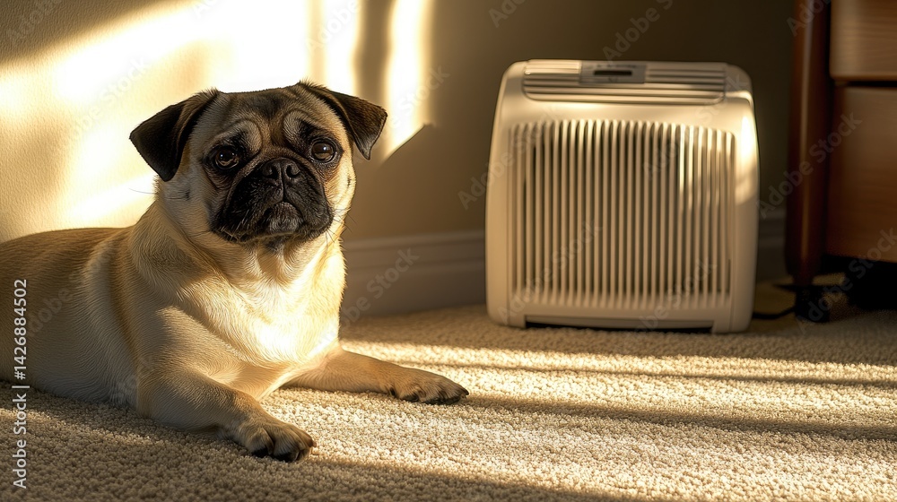 Pug and air purifier side-by-side on clean carpet in sunlit room.