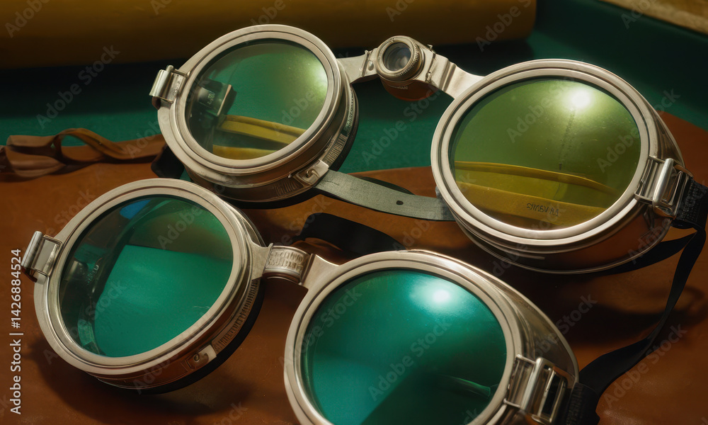 A pair of goggles sitting on a table, ideal for decorative purposes or as a prop in your scene