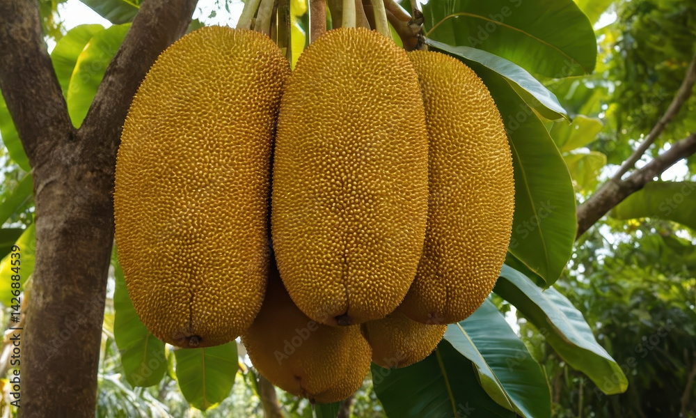 A cluster of ripe jackfruits hangs from a tree branch, ready to be harvested