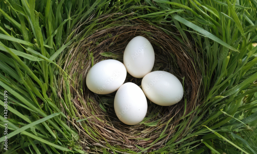 Four white eggs lying in a natural nest on the grass, great for nature or outdoor theme related images