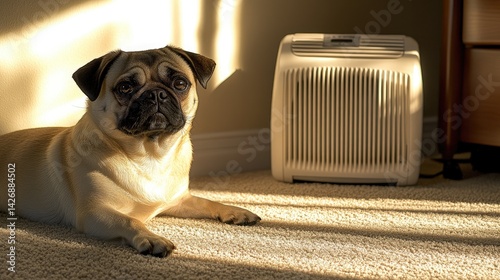 Obraz na płótnie Pug and air purifier side-by-side on clean carpet in sunlit room. w salonie