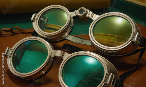 A pair of goggles sitting on a table, ideal for decorative purposes or as a prop in your scene