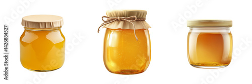 Set of Realistic glass jar mockup of freshly made orange jam, with a sleek, modern design and elegant gold lid on transparent png background. Ai generated