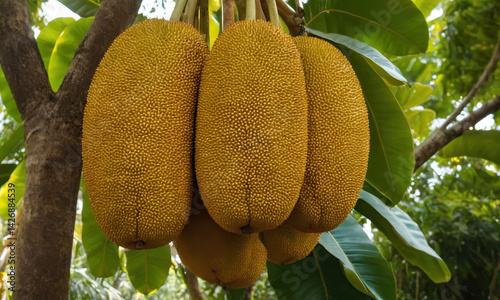 Obraz na płótnie A cluster of ripe jackfruits hangs from a tree branch, ready to be harvested w salonie