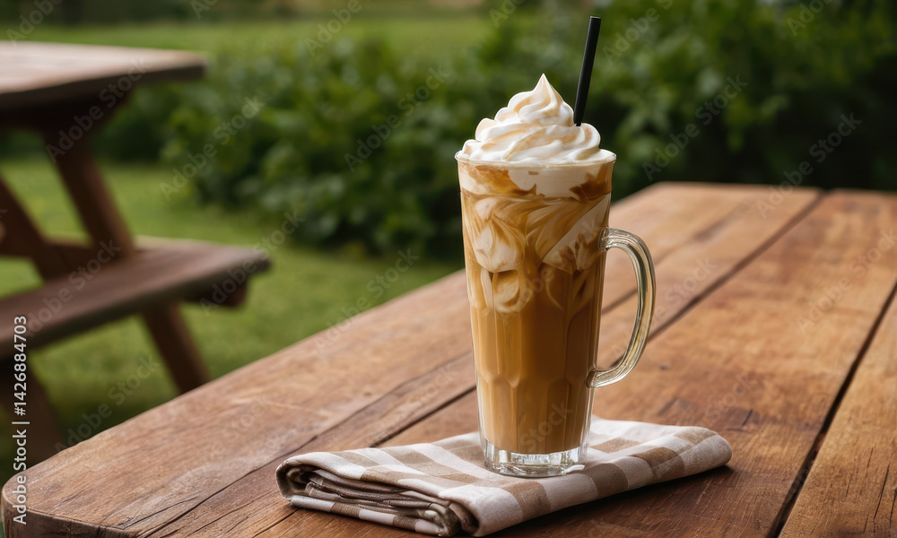 A refreshing glass of iced coffee topped with creamy whipped cream, perfect for a hot summer day or as a pick-me-up any time