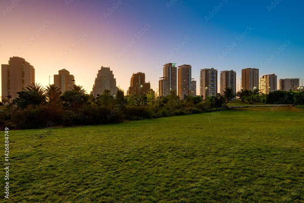 Fototapeta premium Panoramic view of Reñaca’s coastal skyline, featuring high-rise buildings as seen from the green meadows of La Foresta de Reñaca Park in the Valparaíso Region.
