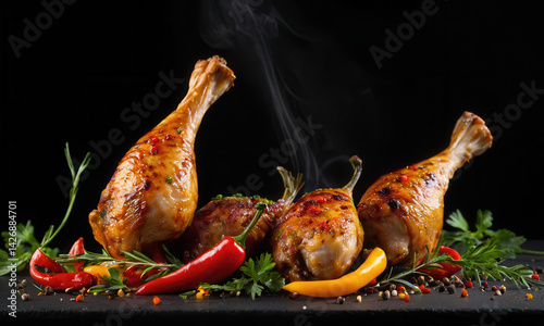 Obraz na płótnie A group of roasted chickens sit on a wooden cutting board, ready for serving w salonie