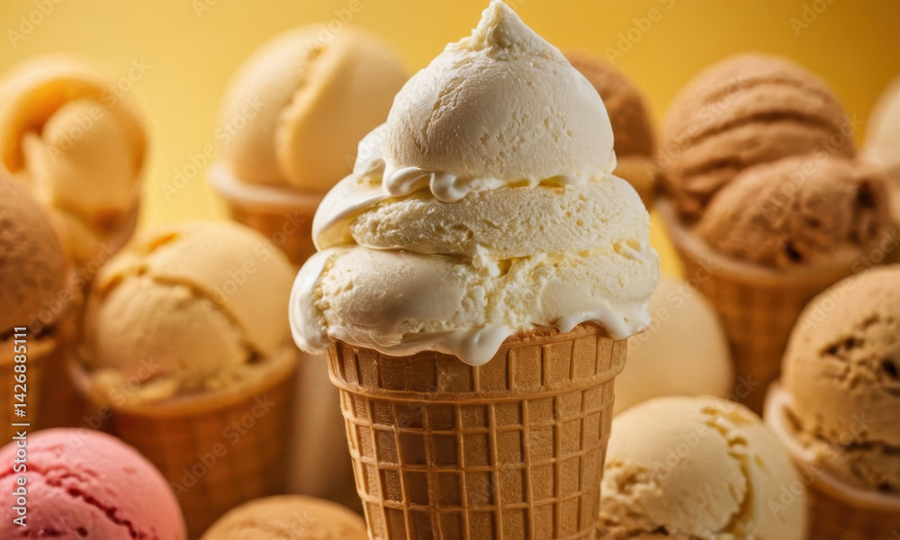A colorful display of ice cream cones, perfect for advertising or promoting a sweet treat