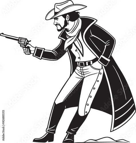 Vintage Cowboy Illustration Holding a Revolver in Classic Western Style