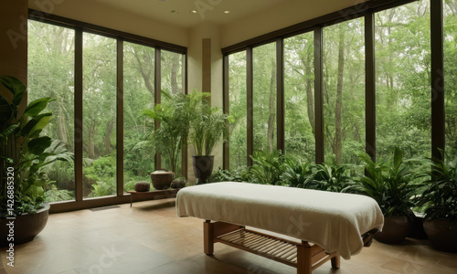 A massage therapist works on a client's back while sunlight streams through large windows