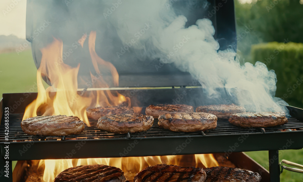 Outdoor BBQ setup with sizzling burgers and steaks, perfect for backyard gatherings or summer parties