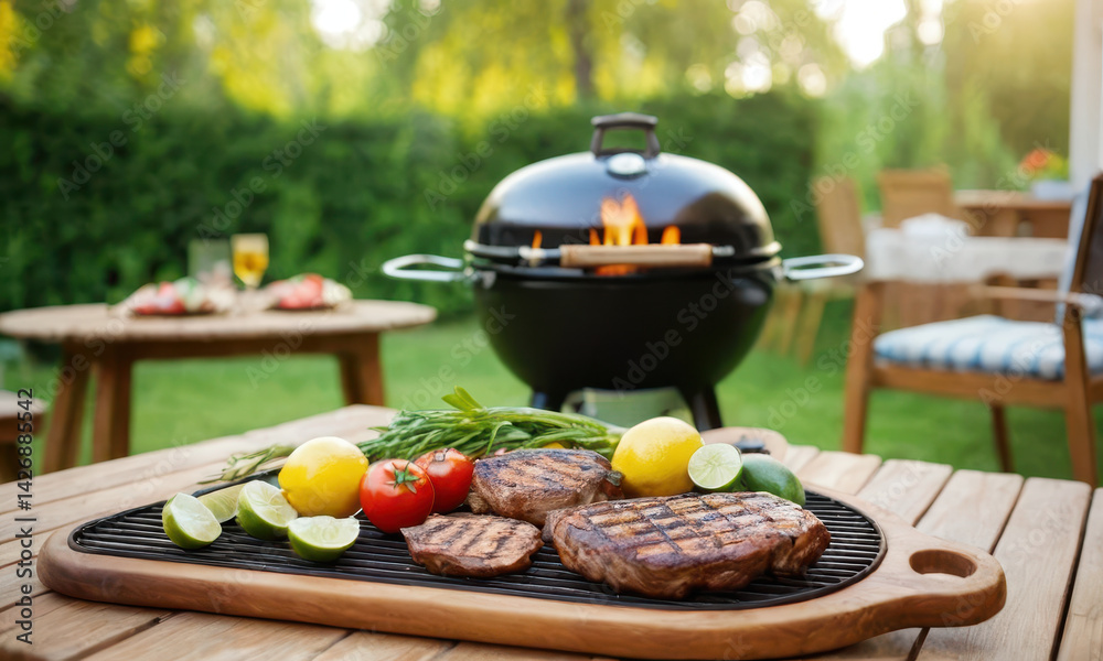 A grilled steak dinner with colorful vegetables served on a wooden table