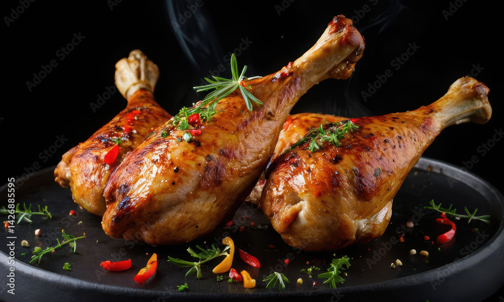 Two cooked chicken legs served on a black plate, perfect for food photography or advertising