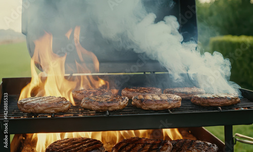 Obraz na płótnie Outdoor BBQ setup with sizzling burgers and steaks, perfect for backyard gatherings or summer parties w salonie