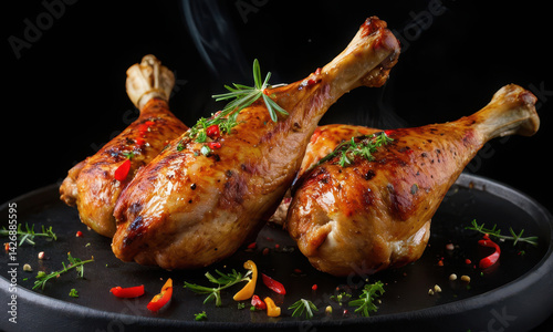 Two cooked chicken legs served on a black plate, perfect for food photography or advertising