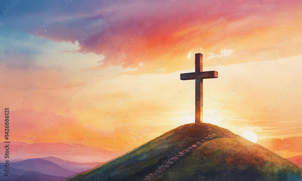 A Christian symbol standing tall on a hillside, great for use in religious or inspirational contexts