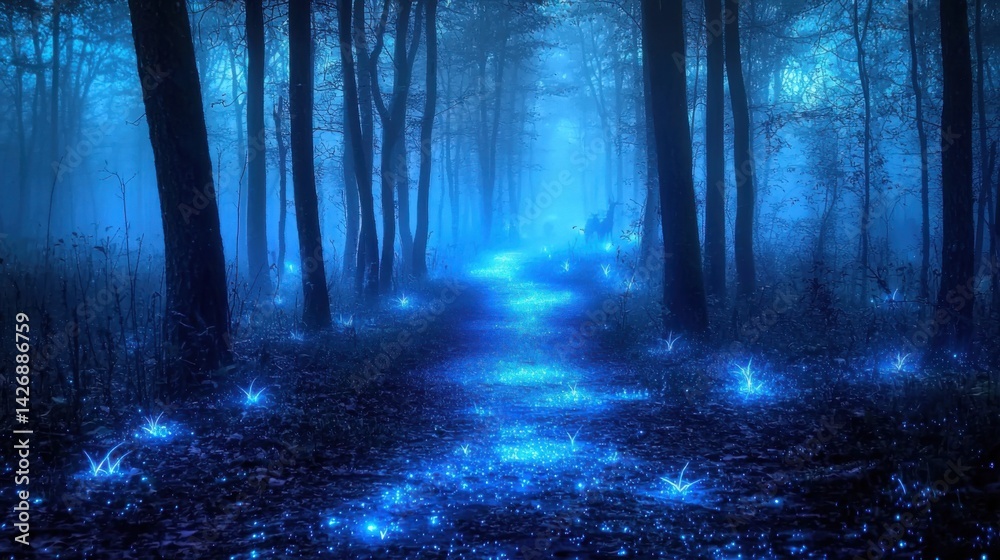 Naklejka premium Enchanted Forest Pathway with Mystical Glowing Lights and Fog