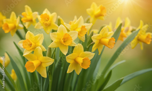 A bouquet of bright yellow daffodils in a decorative vase, perfect for spring or Easter decorations