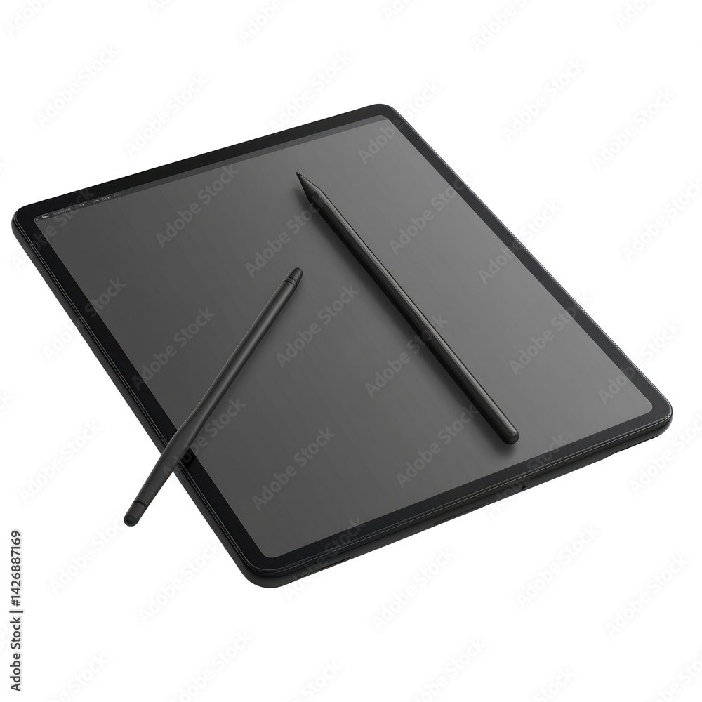 Tablet With Stylus Pen Resting On Screen Is isolated on a transparent background