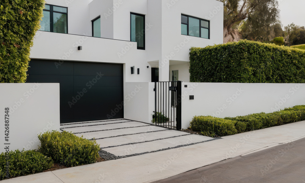 A single-family home with a modern black garage door and a white exterior