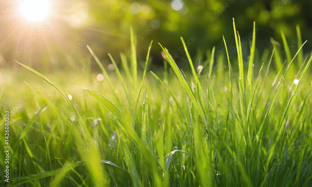Obraz premium A sunny day scene with a lush green field and warm light, great for use as a backdrop or in lifestyle photography