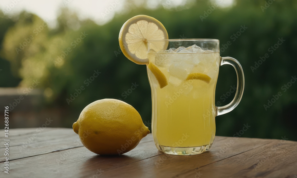 A glass of refreshing lemonade sits next to a juicy lemon, perfect for a summer day or a vintage-themed photo shoot