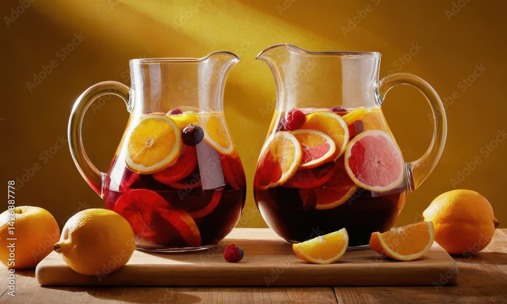 Fruit arranged on a cutting board with two pitchers, perfect for kitchen or food styling needs