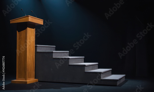 A simple podium with a microphone on top, perfect for presentations and public speaking events