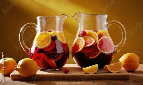 Obraz na płótnie Fruit arranged on a cutting board with two pitchers, perfect for kitchen or food styling needs w salonie