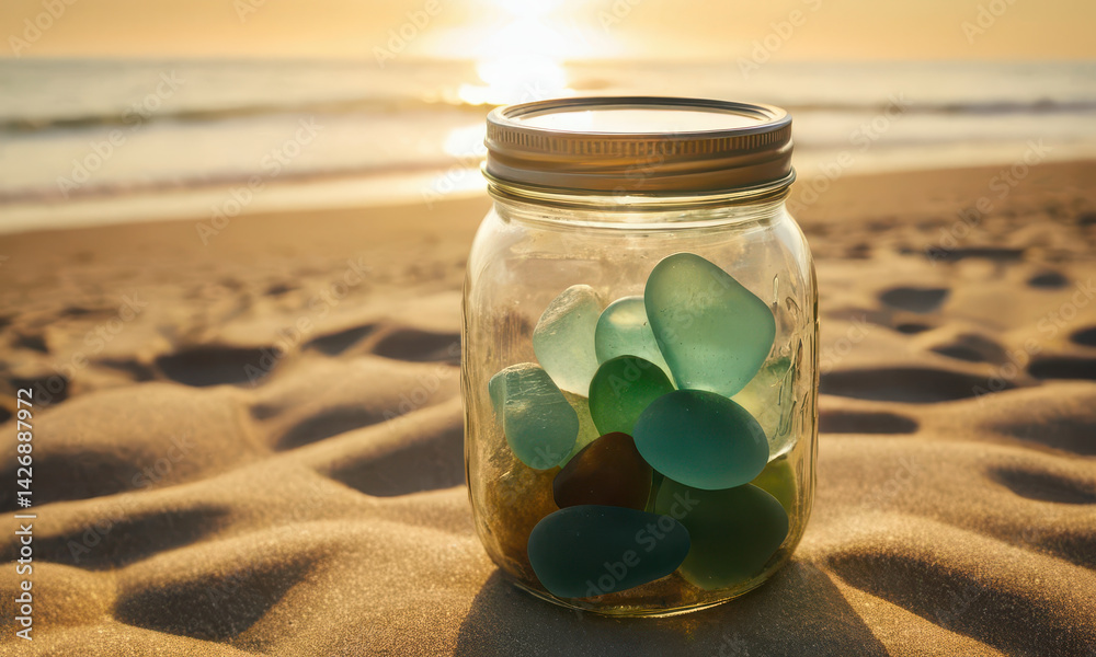 A jar filled with colorful sea glass sitting on a warm sandy beach, perfect for coastal-themed designs or projects