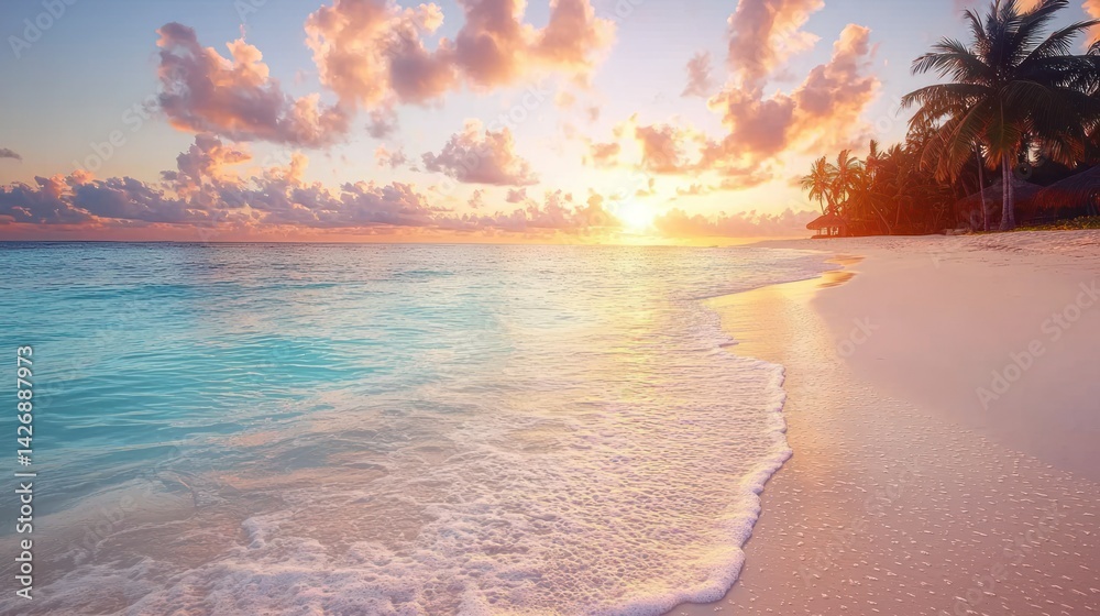 Tropical paradise sunset beach scene