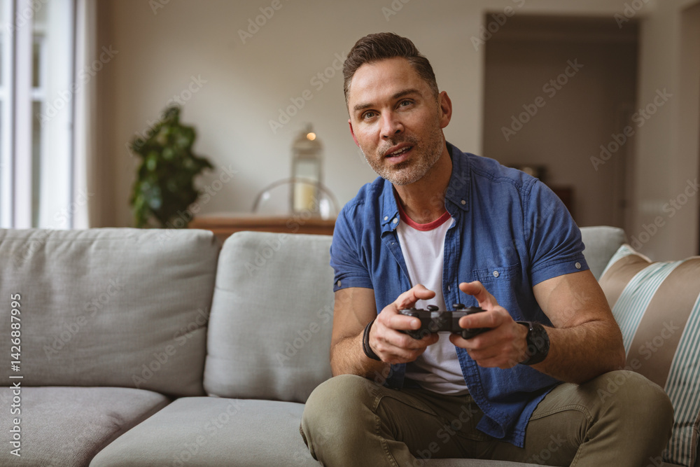 Man playing video game on sofa in bright modern living room, holding black controller, copy space Man playing video game on sofa in bright modern living room, holding black controller, copy space