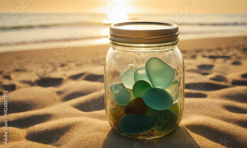 Obraz na płótnie A jar filled with colorful sea glass sitting on a warm sandy beach, perfect for coastal-themed designs or projects w salonie