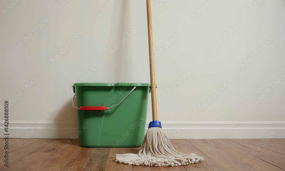 A green bucket and a mop sit on the floor waiting to be used for cleaning