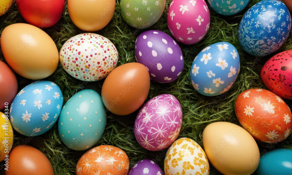 Easter eggs in various colors sit on top of lush green grass, perfect for spring or holiday themes