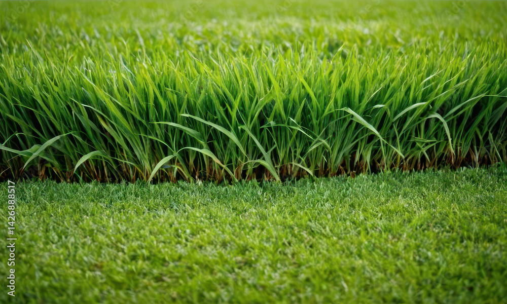 A natural scene featuring a lush green grass field with a small patch of grass in the center