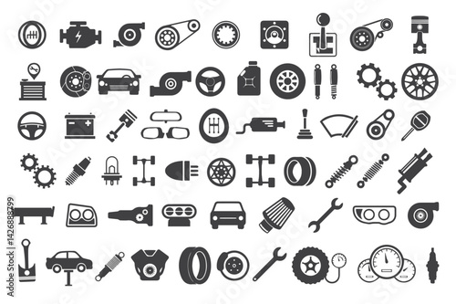 A set of car parts and automotive accessories in vector format. Ideal for repair shop designs, mechanic branding, and car-related infographics.