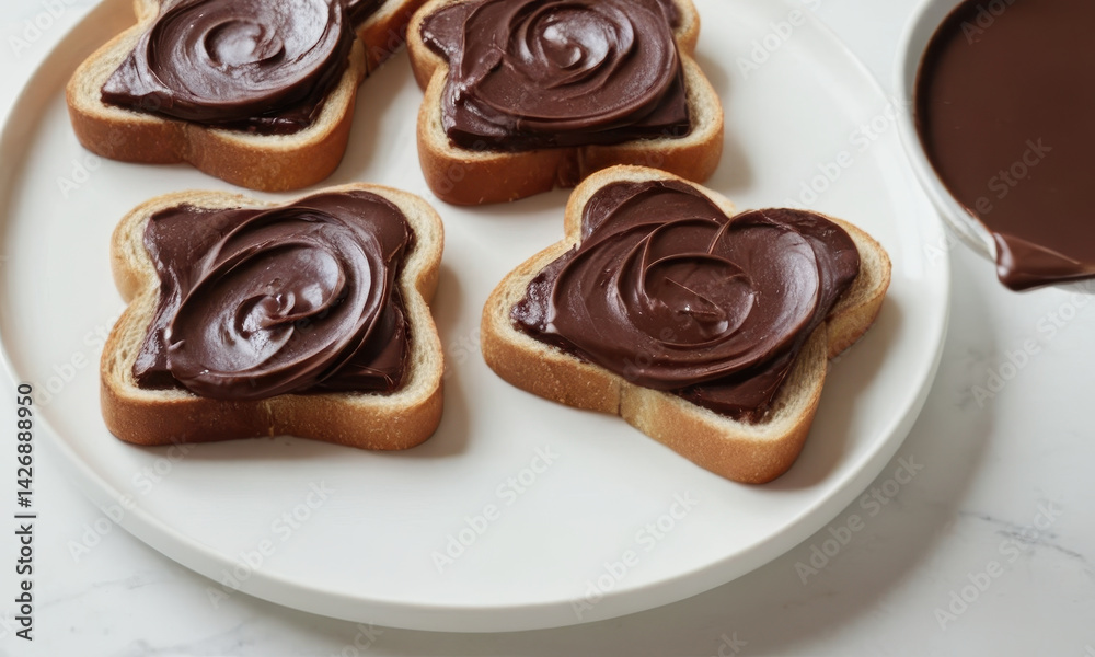 A plate with four pieces of toast smothered in rich chocolate frosting, perfect for snacking or as a dessert A plate with four pieces of toast smothered in rich chocolate frosting, perfect for snacking or as a dessert
